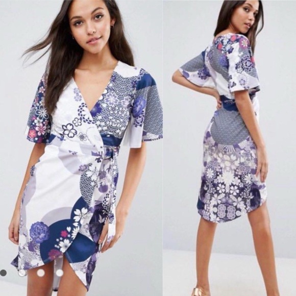 ASOS Size 6 Purple Floral Kimono High Low Belted Wrap Dress - Picture 1 of 6